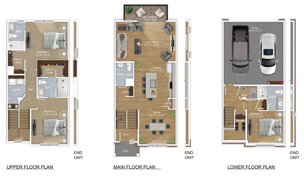 Lower, Main, and Upper Floor Plans of Insignia Glen 2